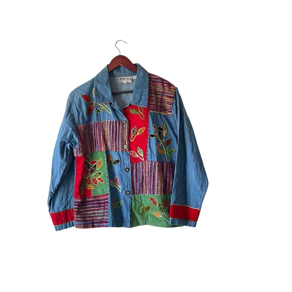 Vintage Womens Large Denim Patchwork Embroidered Leaf Jacket Blue Art Wear